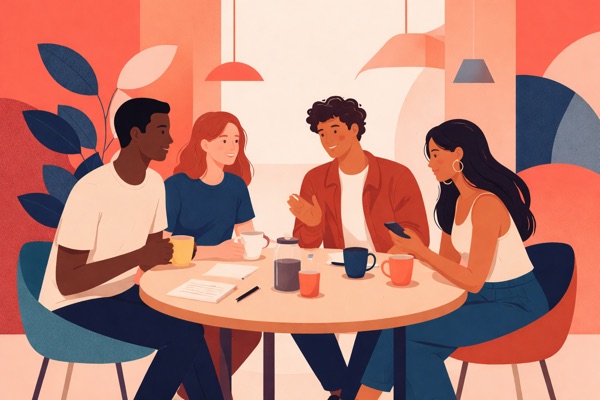 Young adults in conversation over coffee